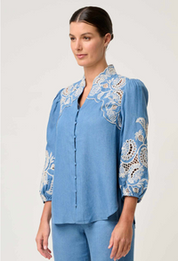 Once Was Astra Placement Embroidered Tencel 3/4 Sleeve Blouse - Blue Ash