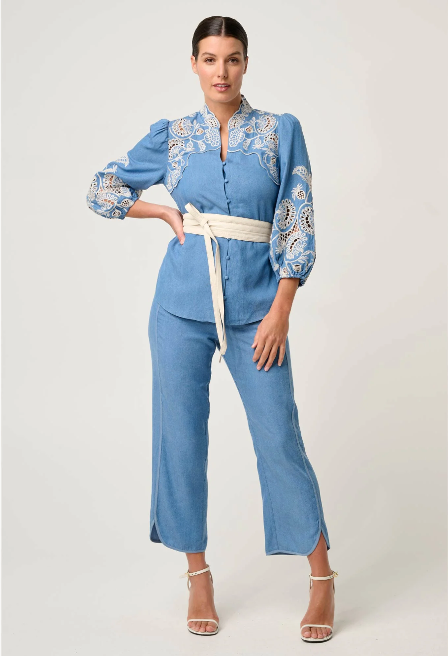Once Was Astra Placement Embroidered Tencel 3/4 Sleeve Blouse - Blue Ash