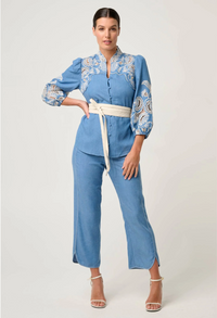 Once Was Astra Placement Embroidered Tencel 3/4 Sleeve Blouse - Blue Ash