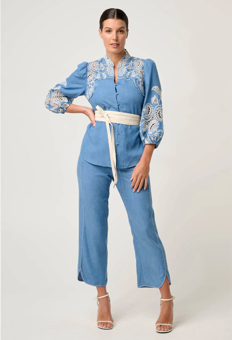 Once Was Astra Placement Embroidered Tencel 3/4 Sleeve Blouse - Blue Ash