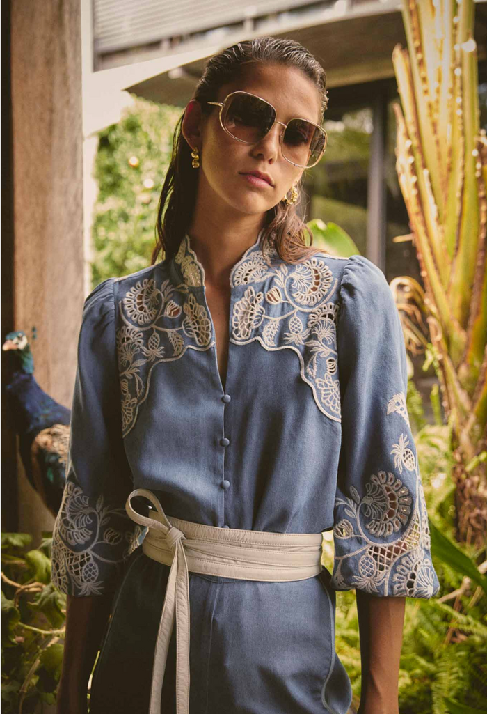 Once Was Astra Placement Embroidered Tencel 3/4 Sleeve Blouse - Blue Ash