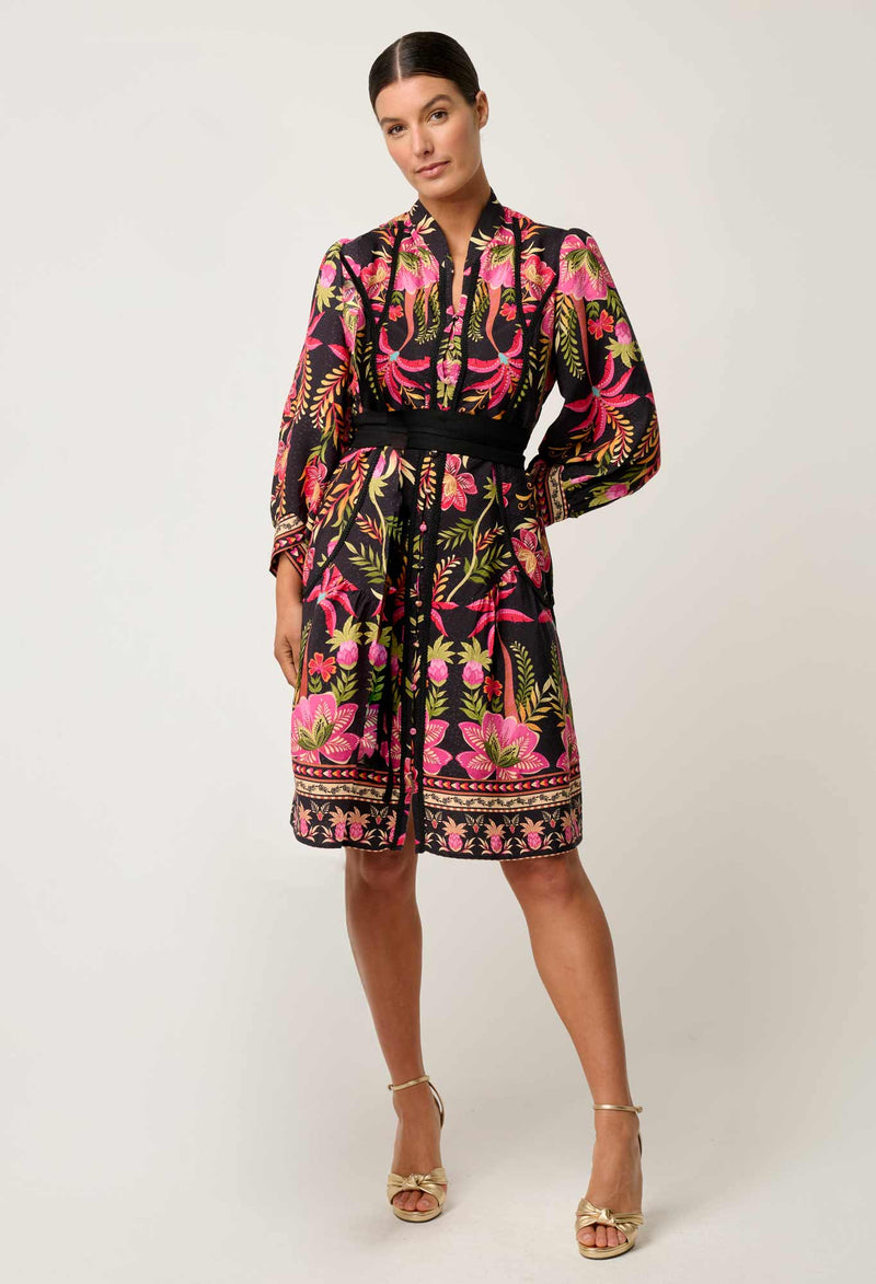 Once Was Aurelia Viscose Dobby Lace Trim Placement Print Dress - Anthos Iotos