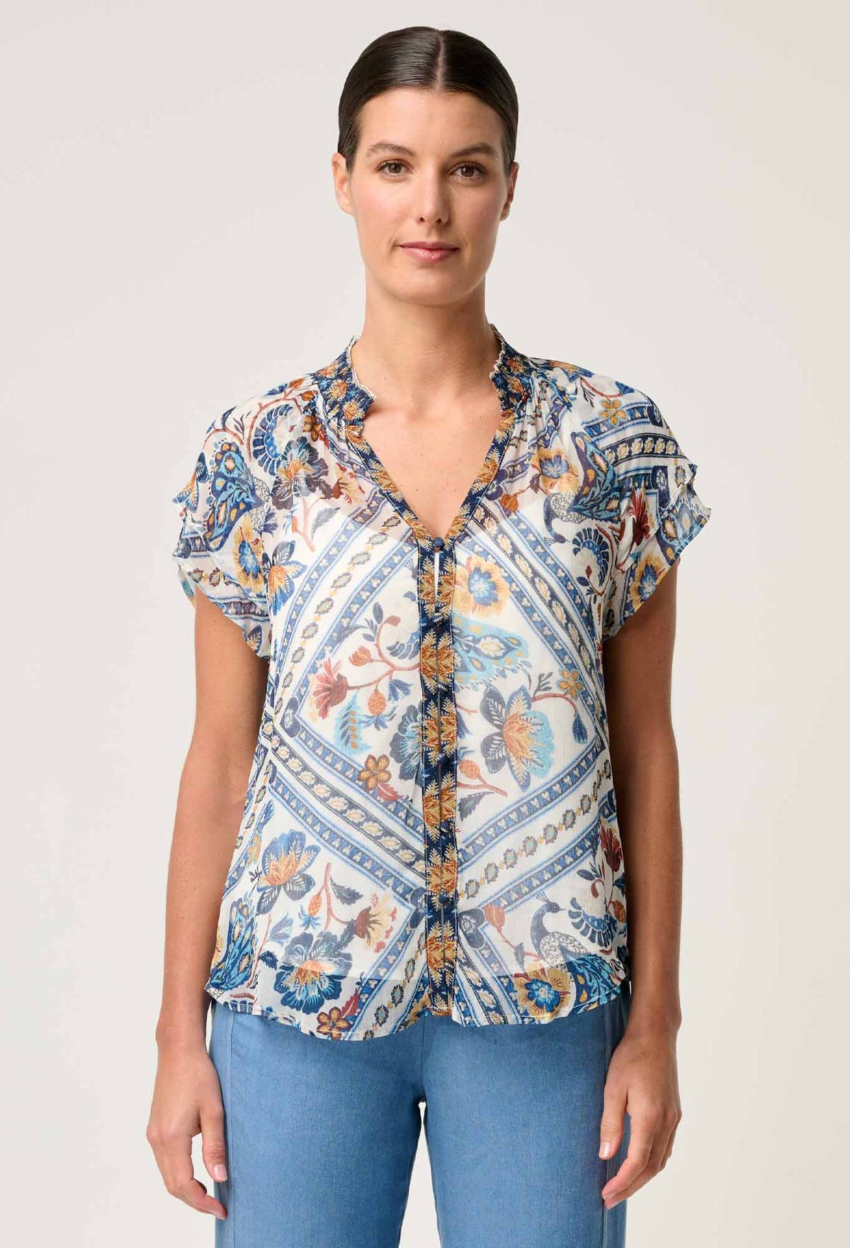 Once Was Calandra Contrast Trim Viscose Yoryu Flutter Sleeve Top - Petinos Floros
