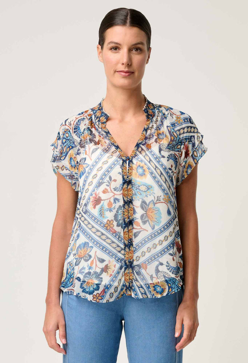 Once Was Calandra Contrast Trim Viscose Yoryu Flutter Sleeve Top - Petinos Floros