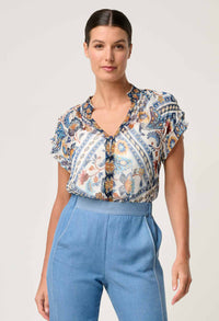 Once Was Calandra Contrast Trim Viscose Yoryu Flutter Sleeve Top - Petinos Floros