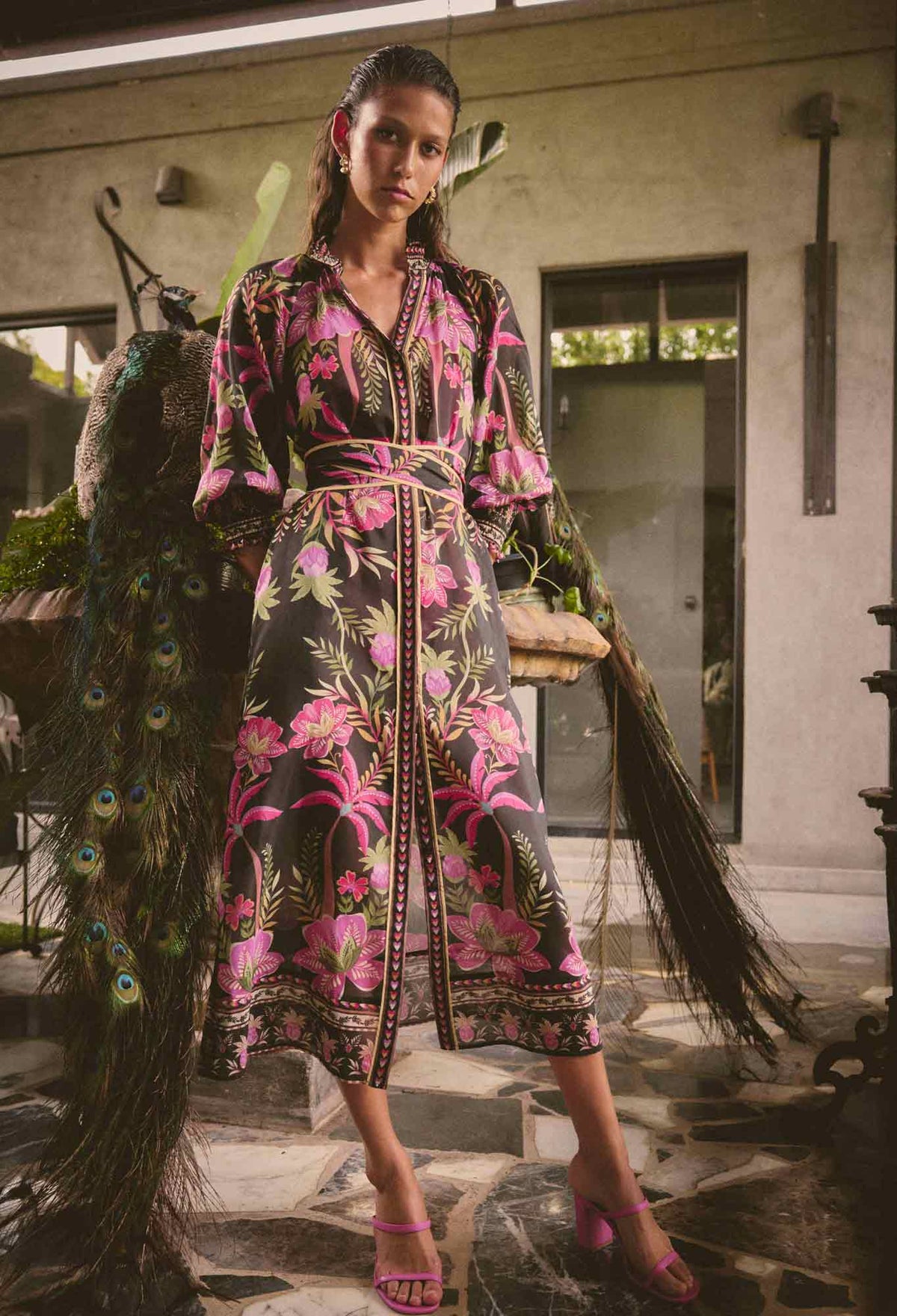 Once Was Carmen Silk Cotton Placement Print Maxi Dress - Anthos Iotos