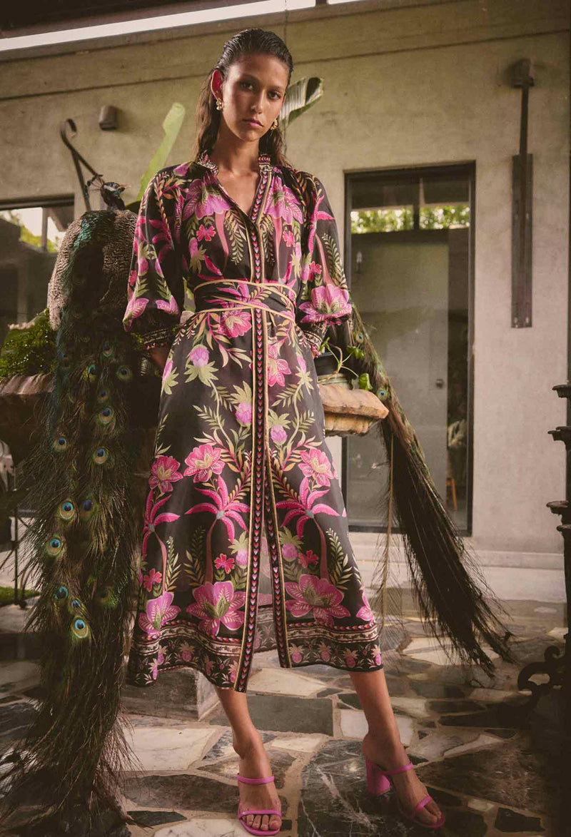 Once Was Carmen Silk Cotton Placement Print Maxi Dress - Anthos Iotos