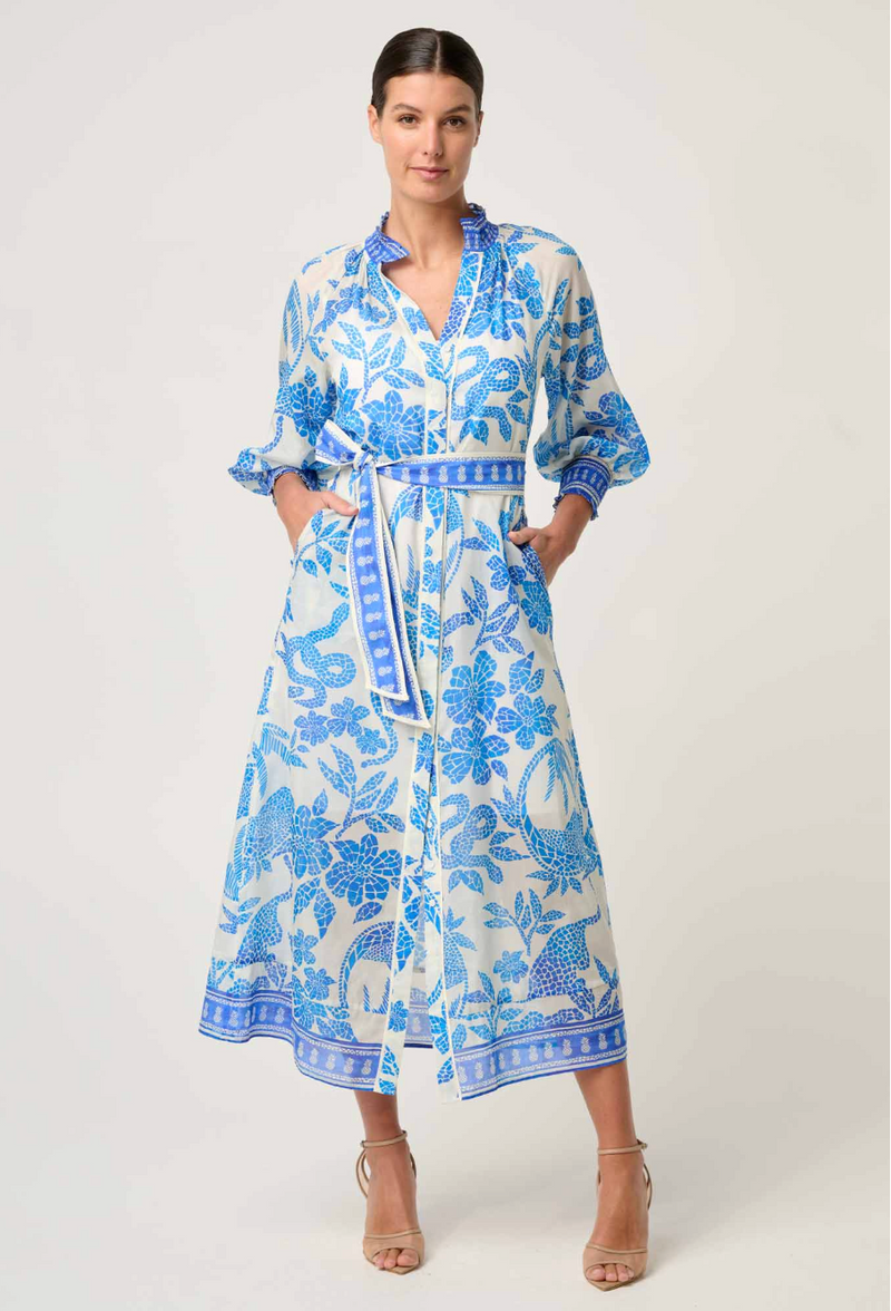 Once Was Carmen Silk Cotton Placement Print Maxi Dress - Azure Mosaic