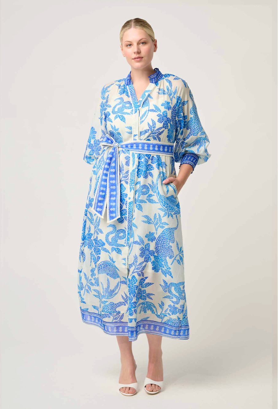 Once Was Carmen Silk Cotton Placement Print Maxi Dress - Azure Mosaic