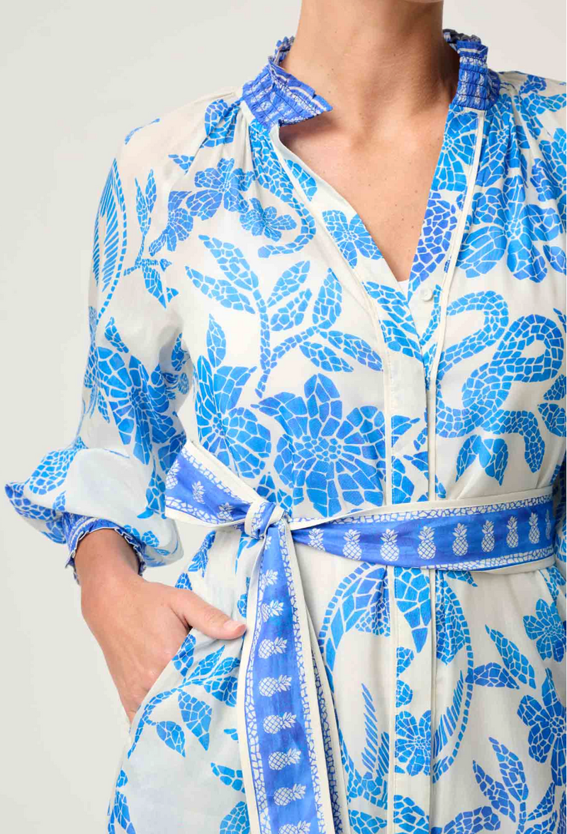 Once Was Carmen Silk Cotton Placement Print Maxi Dress - Azure Mosaic