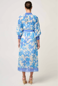 Once Was Carmen Silk Cotton Placement Print Maxi Dress - Azure Mosaic