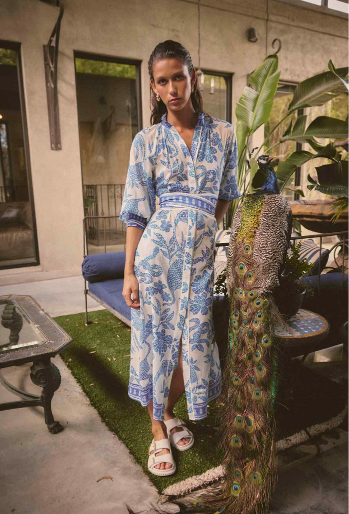 Once Was Carmen Silk Cotton Placement Print Maxi Dress - Azure Mosaic