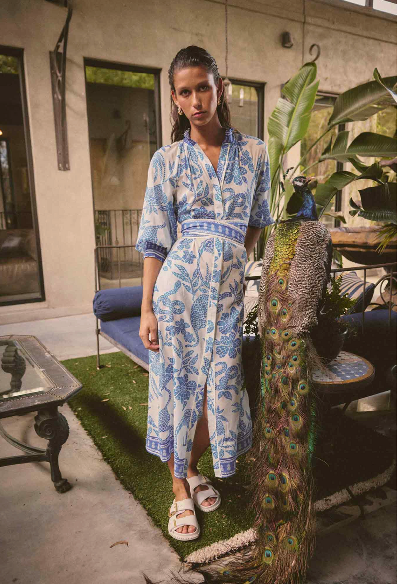 Once Was Carmen Silk Cotton Placement Print Maxi Dress - Azure Mosaic