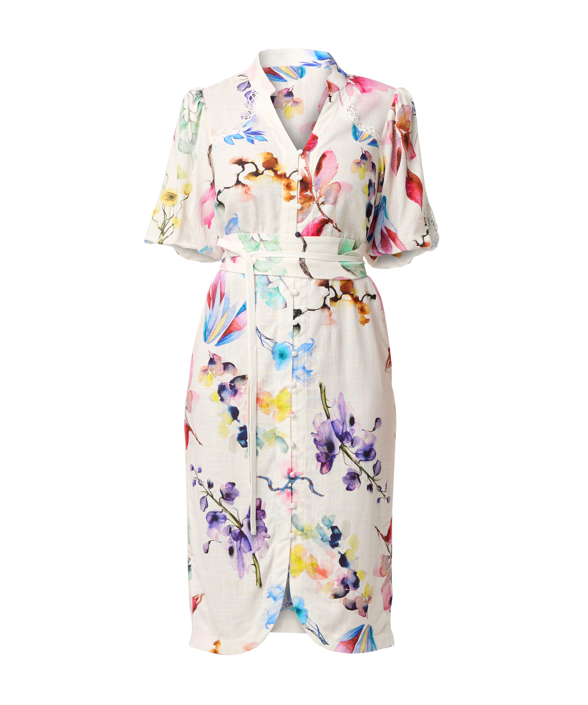 Once Was Gaia Lace Trim Spliced Linen Viscose Dress  - Plume Blossom