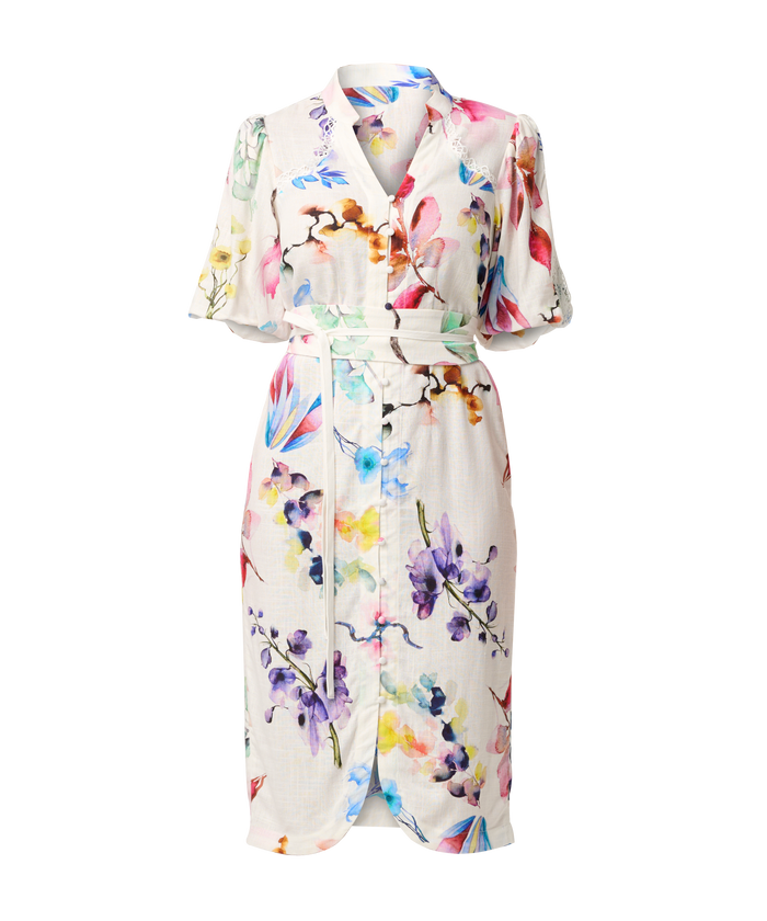 Once Was Gaia Lace Trim Spliced Linen Viscose Dress  - Plume Blossom
