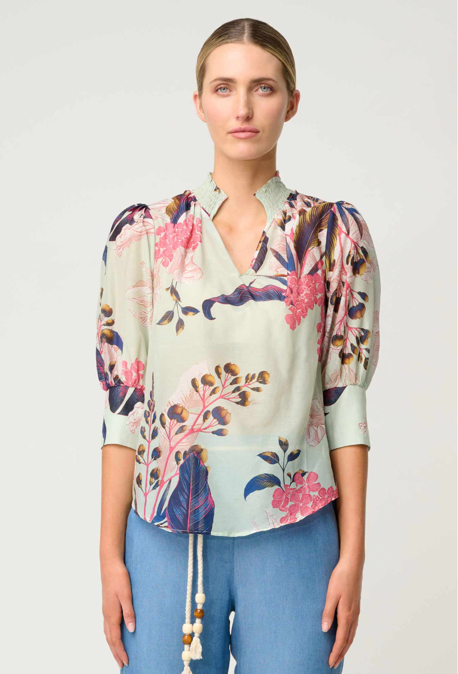 Once Was Oleander Cotton Silk Blouse in Oasis Flora