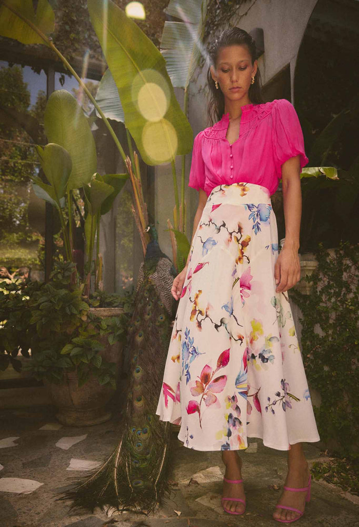 Once Was Pandorea Viscose Dobby Stitch Detail Yoke Skirt - Plume Blossom