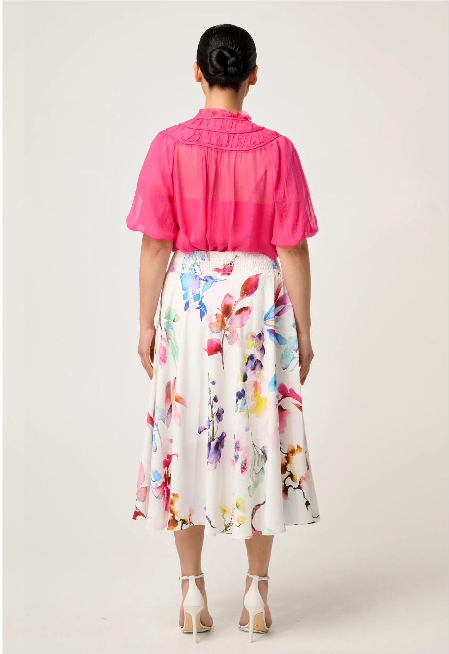 Once Was Pandorea Viscose Dobby Stitch Detail Yoke Skirt - Plume Blossom