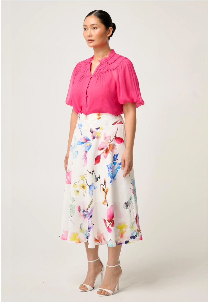 Once Was Selini Braided Neck Detail Viscose Chiffon Blouse - Celosia Pink