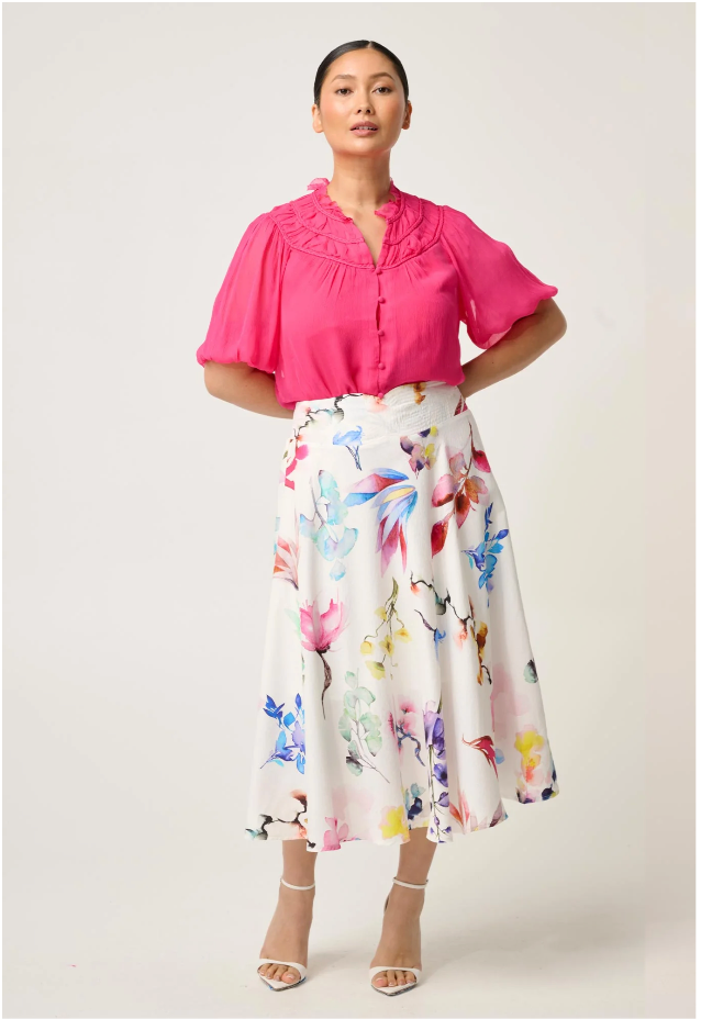 Once Was Pandorea Viscose Dobby Stitch Detail Yoke Skirt - Plume Blossom