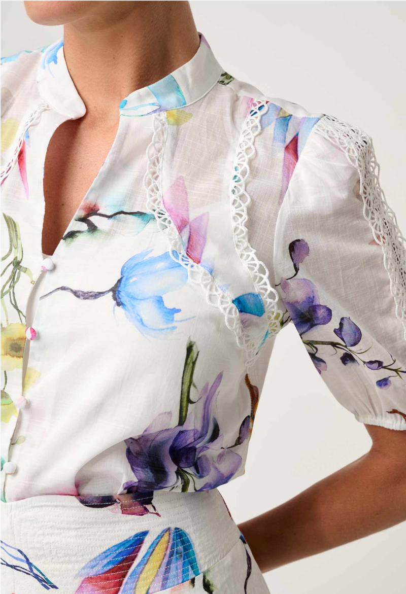 Once Was Thalia Lace Splice Cotton Slub Shirt - Plume Blossom