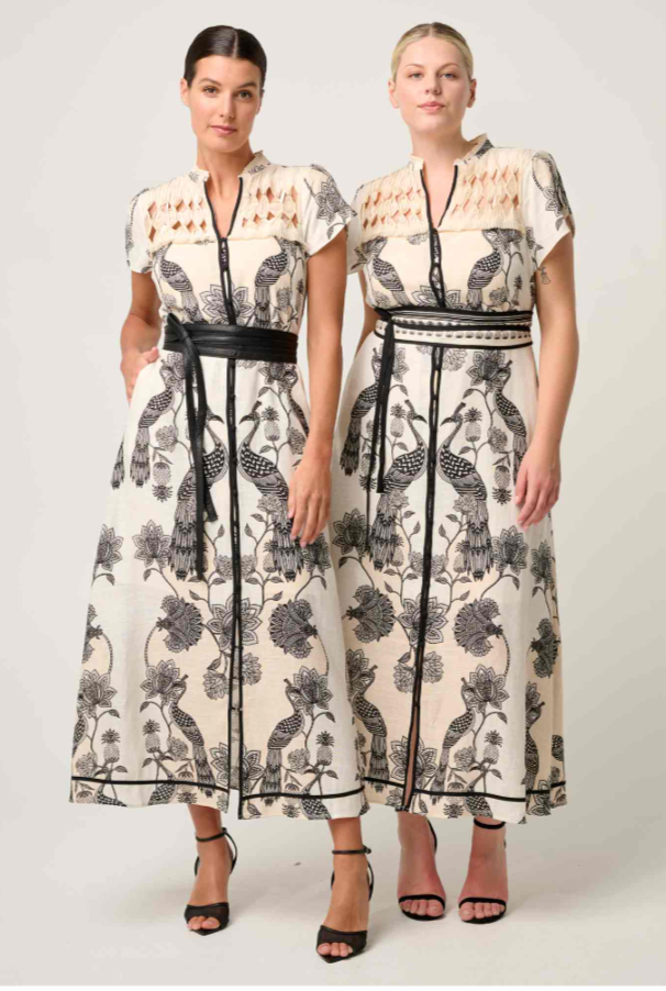 Once Was Xanthia Diamond Smock Yoke Linen Viscose Placement Print Dress - Imperial Stone