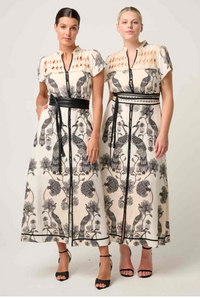 Once Was Xanthia Diamond Smock Yoke Linen Viscose Placement Print Dress - Imperial Stone