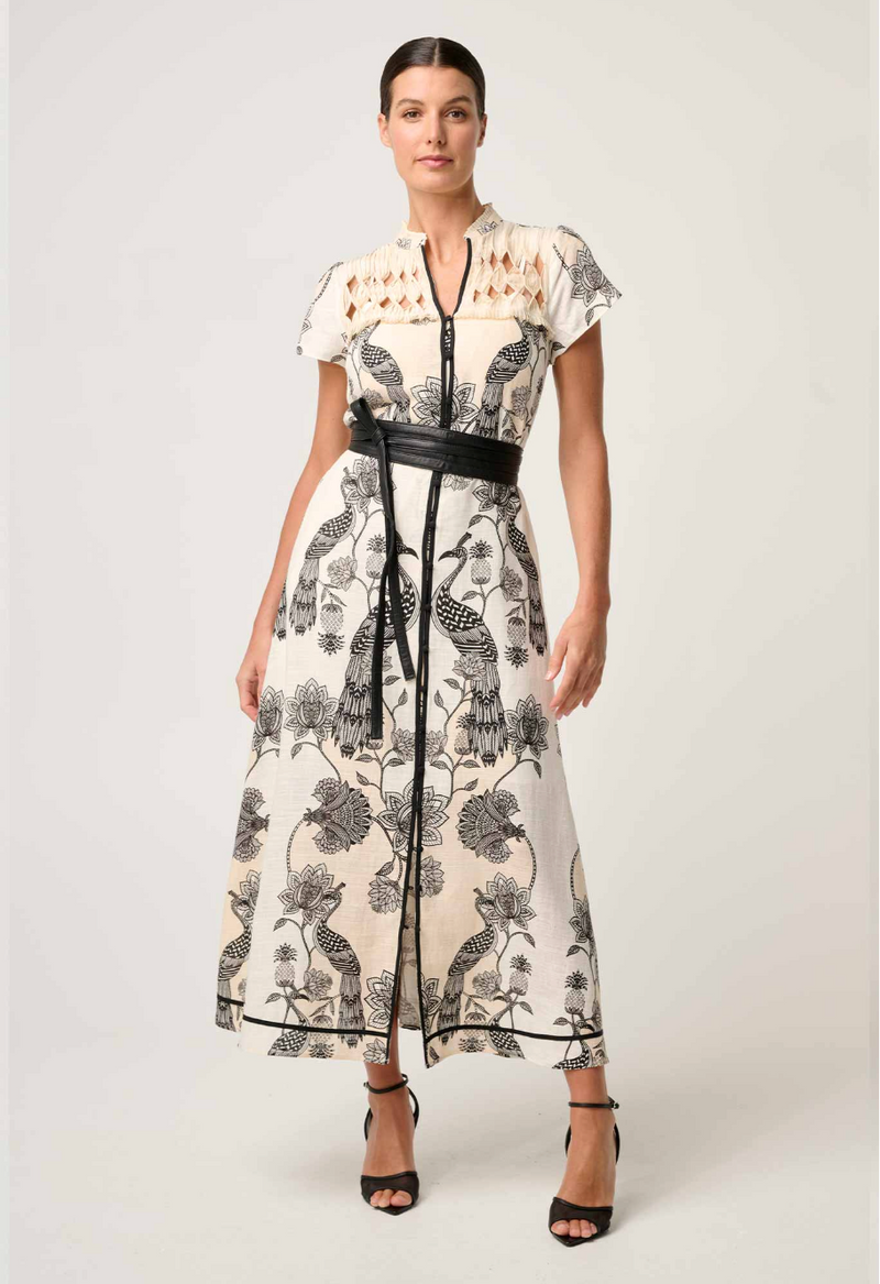 Once Was Xanthia Diamond Smock Yoke Linen Viscose Placement Print Dress - Imperial Stone