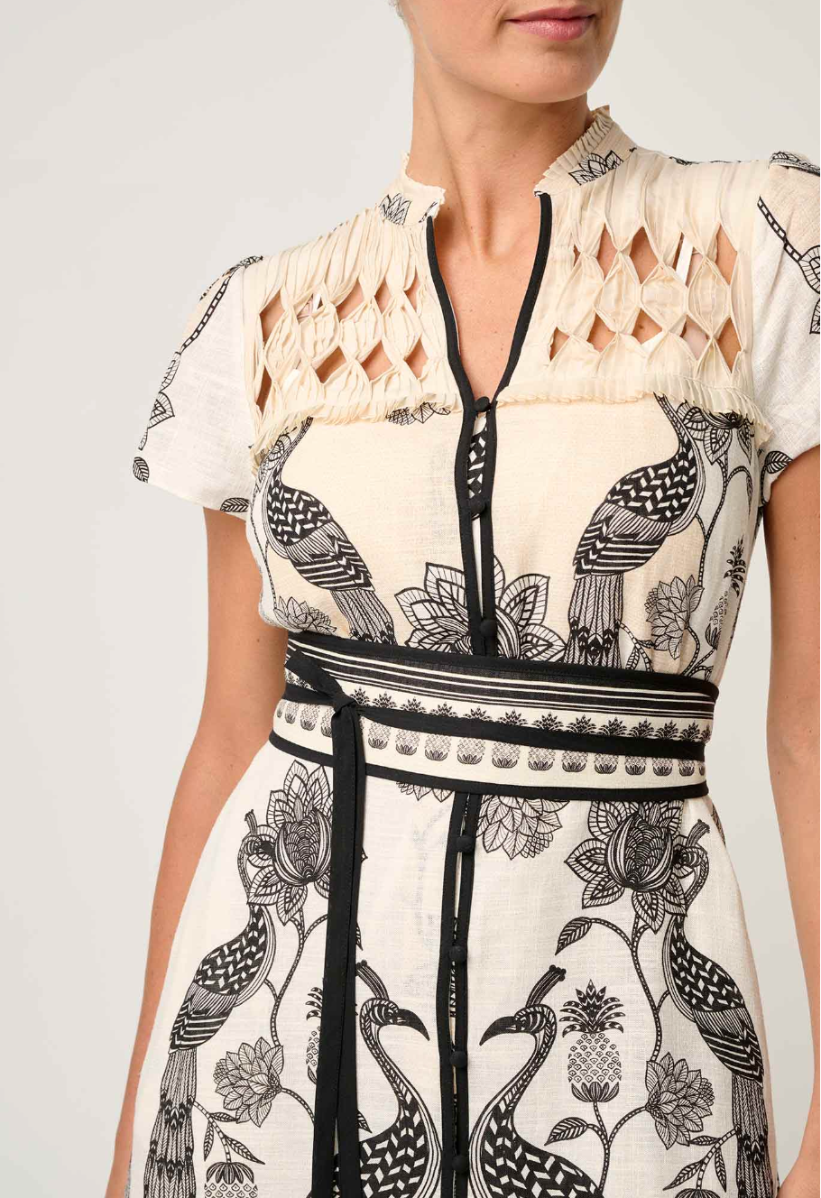 Once Was Xanthia Diamond Smock Yoke Linen Viscose Placement Print Dress - Imperial Stone
