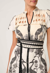 Once Was Xanthia Diamond Smock Yoke Linen Viscose Placement Print Dress - Imperial Stone