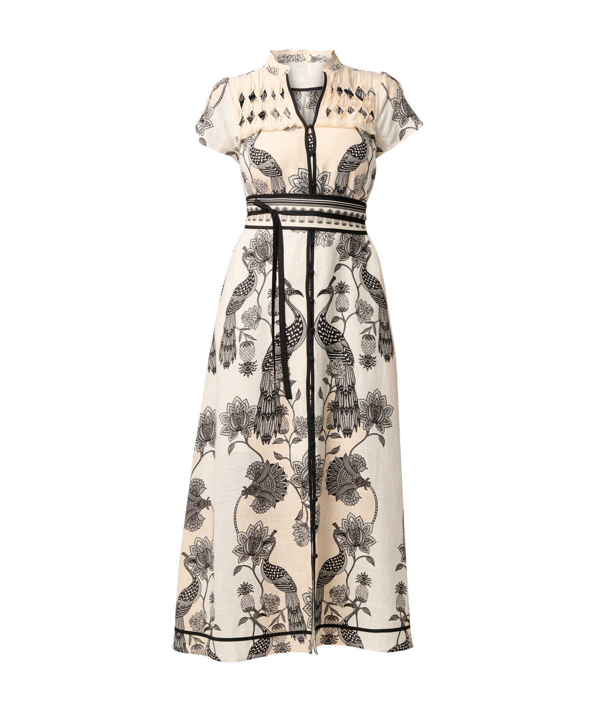Once Was Xanthia Diamond Smock Yoke Linen Viscose Placement Print Dress - Imperial Stone