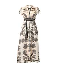 Once Was Xanthia Diamond Smock Yoke Linen Viscose Placement Print Dress - Imperial Stone