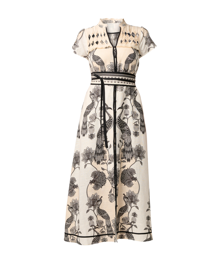 Once Was Xanthia Diamond Smock Yoke Linen Viscose Placement Print Dress - Imperial Stone