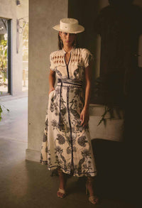 Once Was Xanthia Diamond Smock Yoke Linen Viscose Placement Print Dress - Imperial Stone