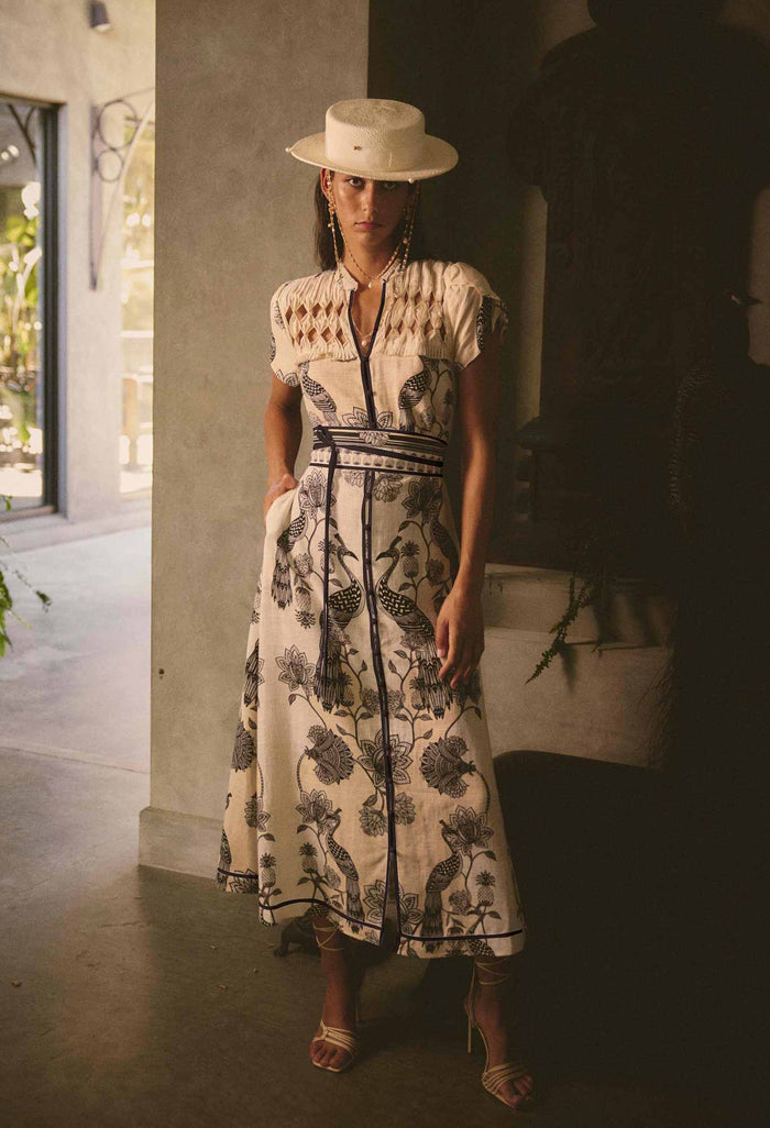 Once Was Xanthia Diamond Smock Yoke Linen Viscose Placement Print Dress - Imperial Stone