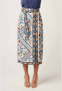 Once Was Zenobia Linen Viscose Printed Fringe Midi Skirt - Petinos Floros