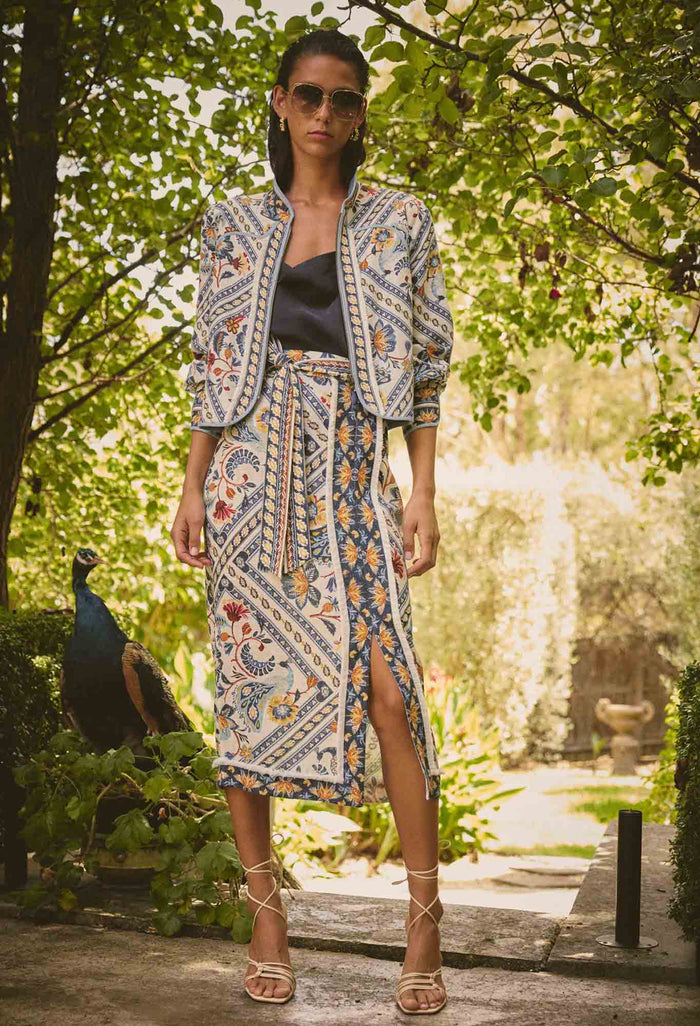 Once Was Zenobia Linen Viscose Printed Fringe Midi Skirt - Petinos Floros