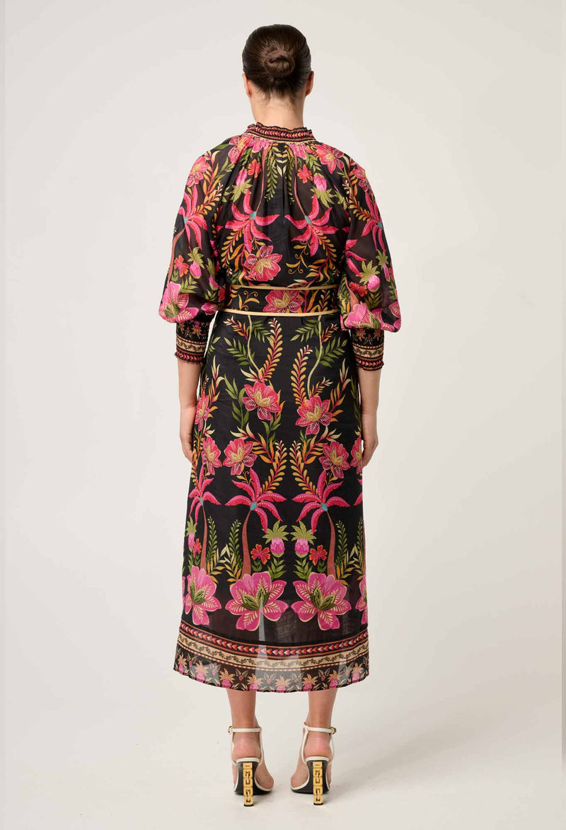 Once Was Carmen Silk Cotton Placement Print Maxi Dress - Anthos Iotos