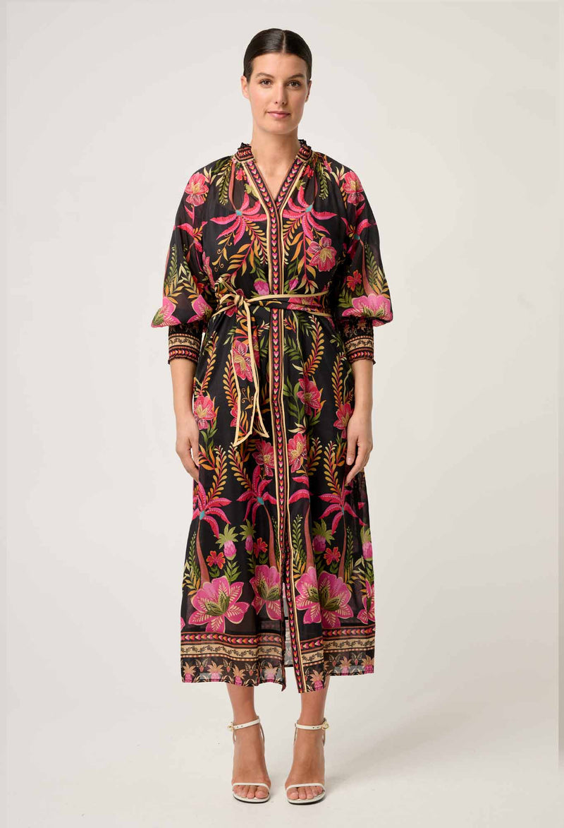 Once Was Carmen Silk Cotton Placement Print Maxi Dress - Anthos Iotos