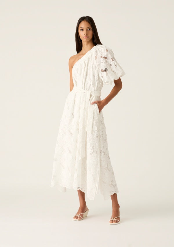 Mos The Label Luna Embroidery One Shoulder Dress - White