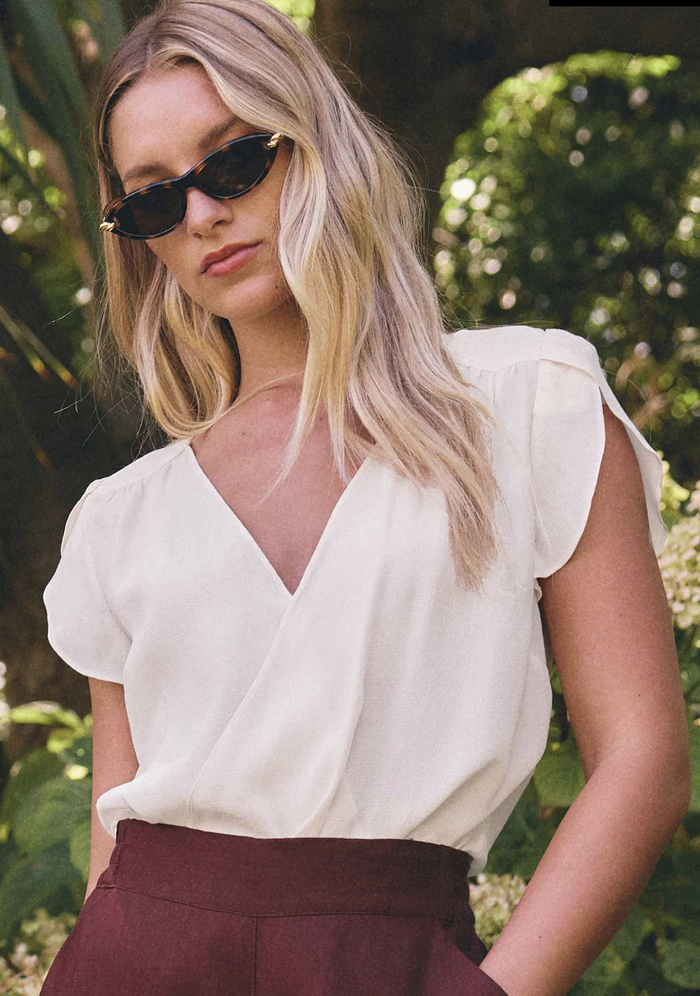 Once Was Kasia Cupro Cross Over Petal Sleeve Blouse – Champagne Blossom