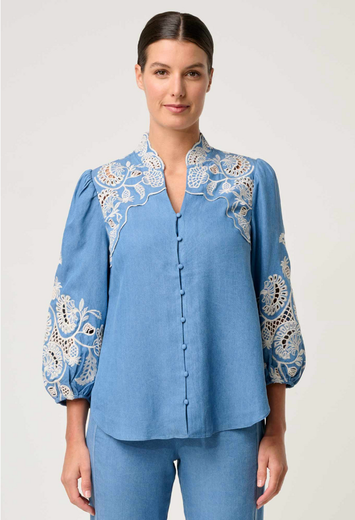 Once Was Astra Placement Embroidered Tencel 3/4 Sleeve Blouse - Blue Ash