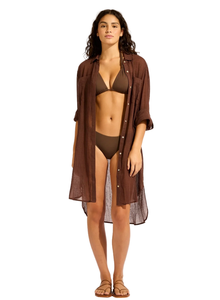 Seafolly Crinkle Twill Beach Shirt - Dark Chocolate