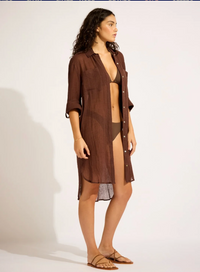 Seafolly Crinkle Twill Beach Shirt - Dark Chocolate