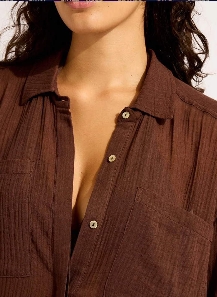 Seafolly Crinkle Twill Beach Shirt - Dark Chocolate