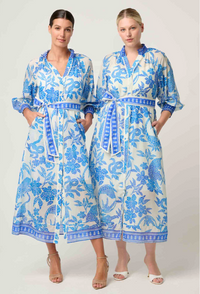 Once Was Carmen Silk Cotton Placement Print Maxi Dress - Azure Mosaic