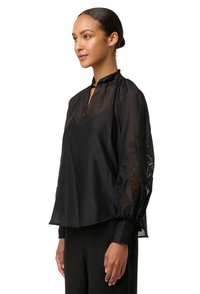 Once Was Simona Cotton Silk Gold Detail Embroidered Blouse - Black
