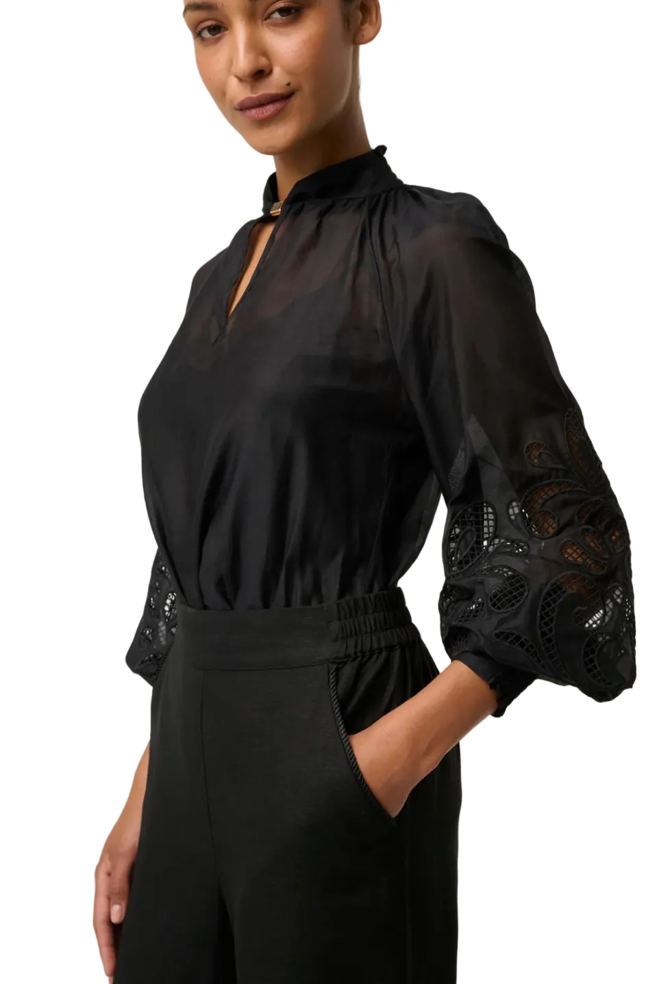 Once Was Simona Cotton Silk Gold Detail Embroidered Blouse - Black