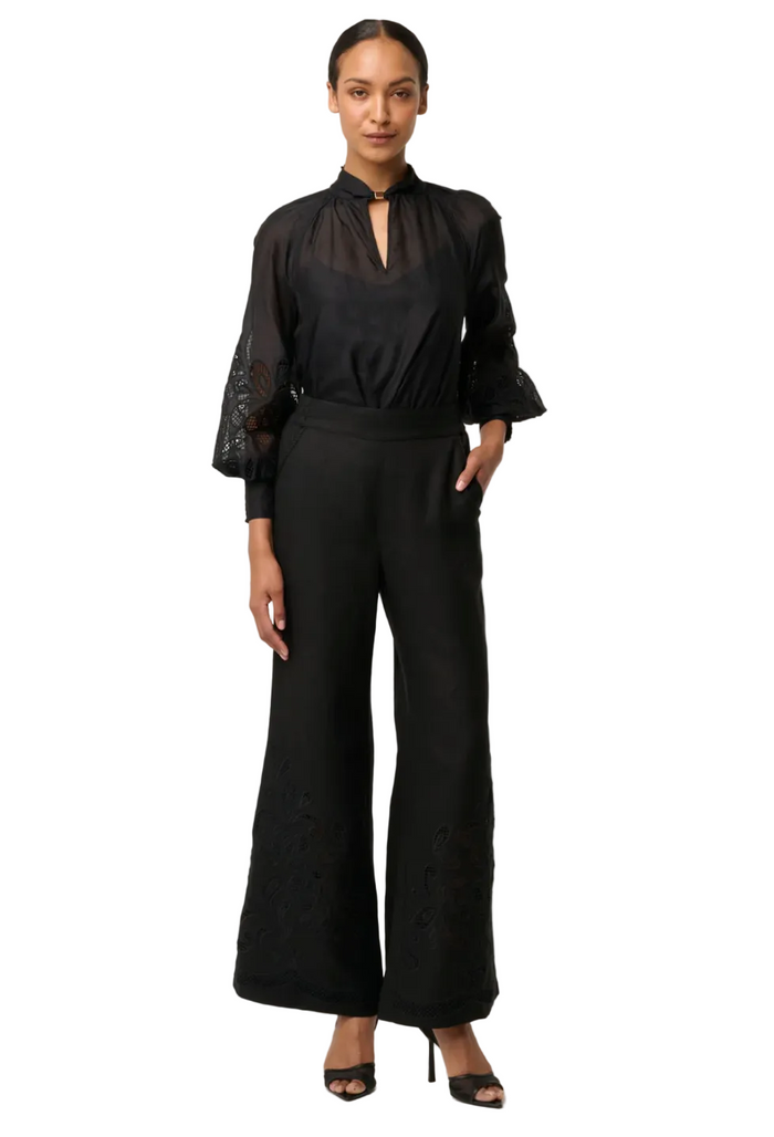 Once Was Simona Cotton Silk Gold Detail Embroidered Blouse - Black