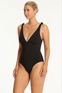 Sea Level Babylon Bow Tie Longline Scoop Back One Piece - Black